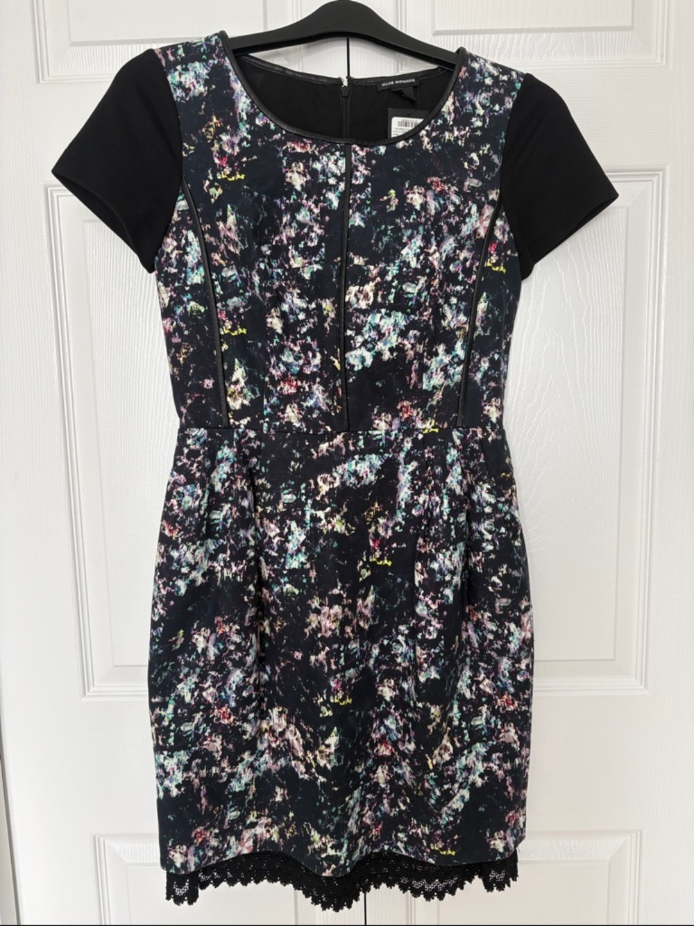Club Monaco Black Multicolor Short Sleeve Printed Midi Dress